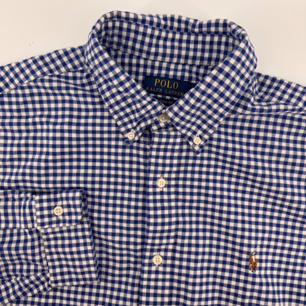 Polo Ralph Lauren Button Down Men Large Blue Gingham Classic Fit Cotton Shirt
